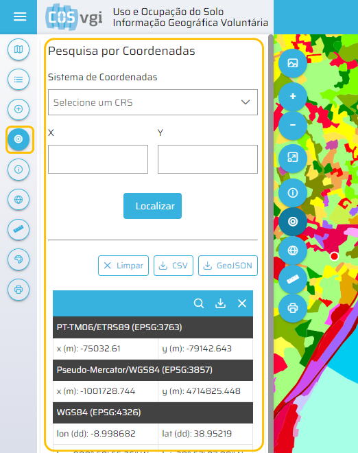 Menu de Ferramentas - Pesquisa por Coordenadas